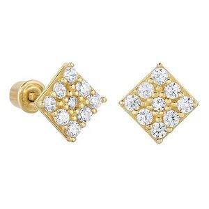 14K Solid GOLD Square CZ STUD Screw-Back EARRINGS